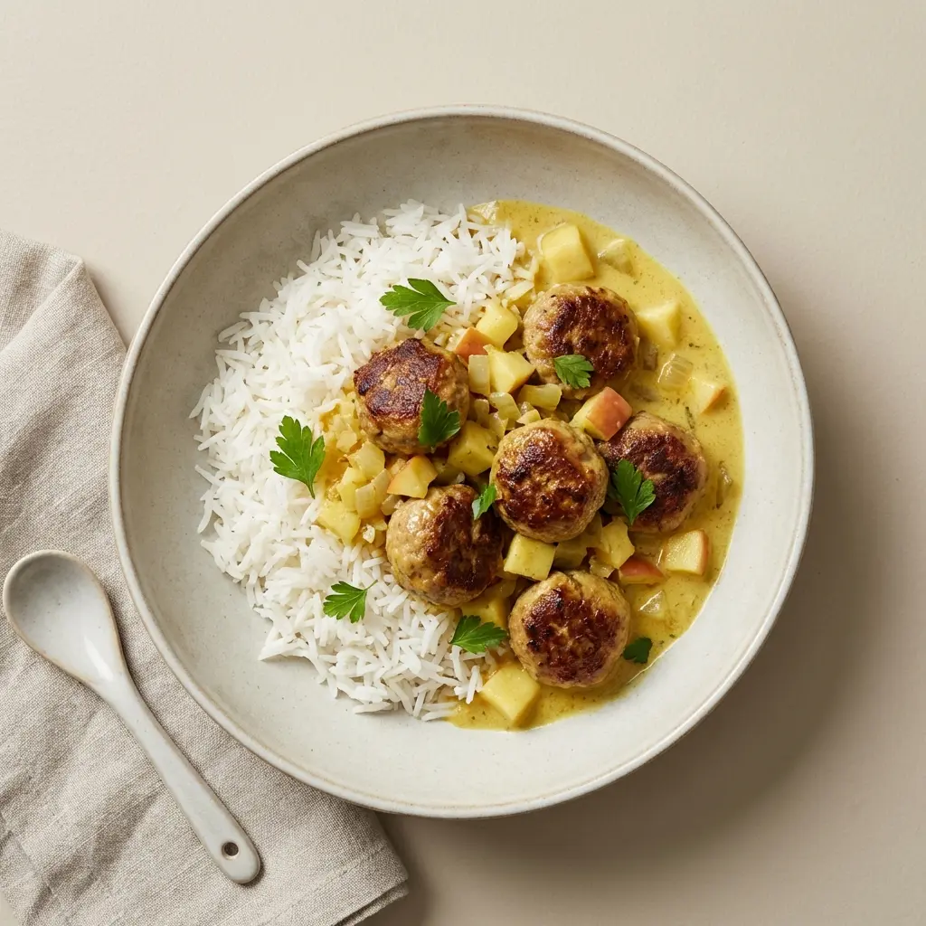 Fotografija recepta Mesne kroglice v curry omaki z rižem kot pripravljene domače jedi