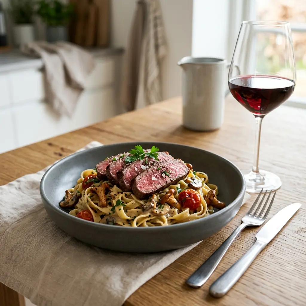 Fotografija recepta Testenine s steakom kot pripravljene domače jedi